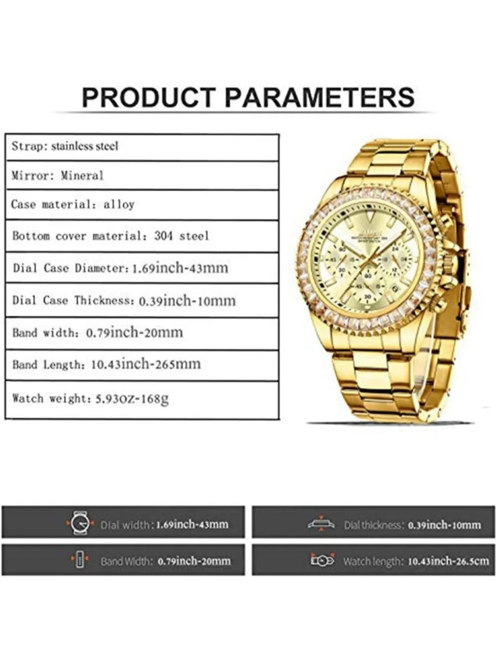 Men's Gold White Luxury Stainless Steel Analog Chronograph Classic Wrist Watch